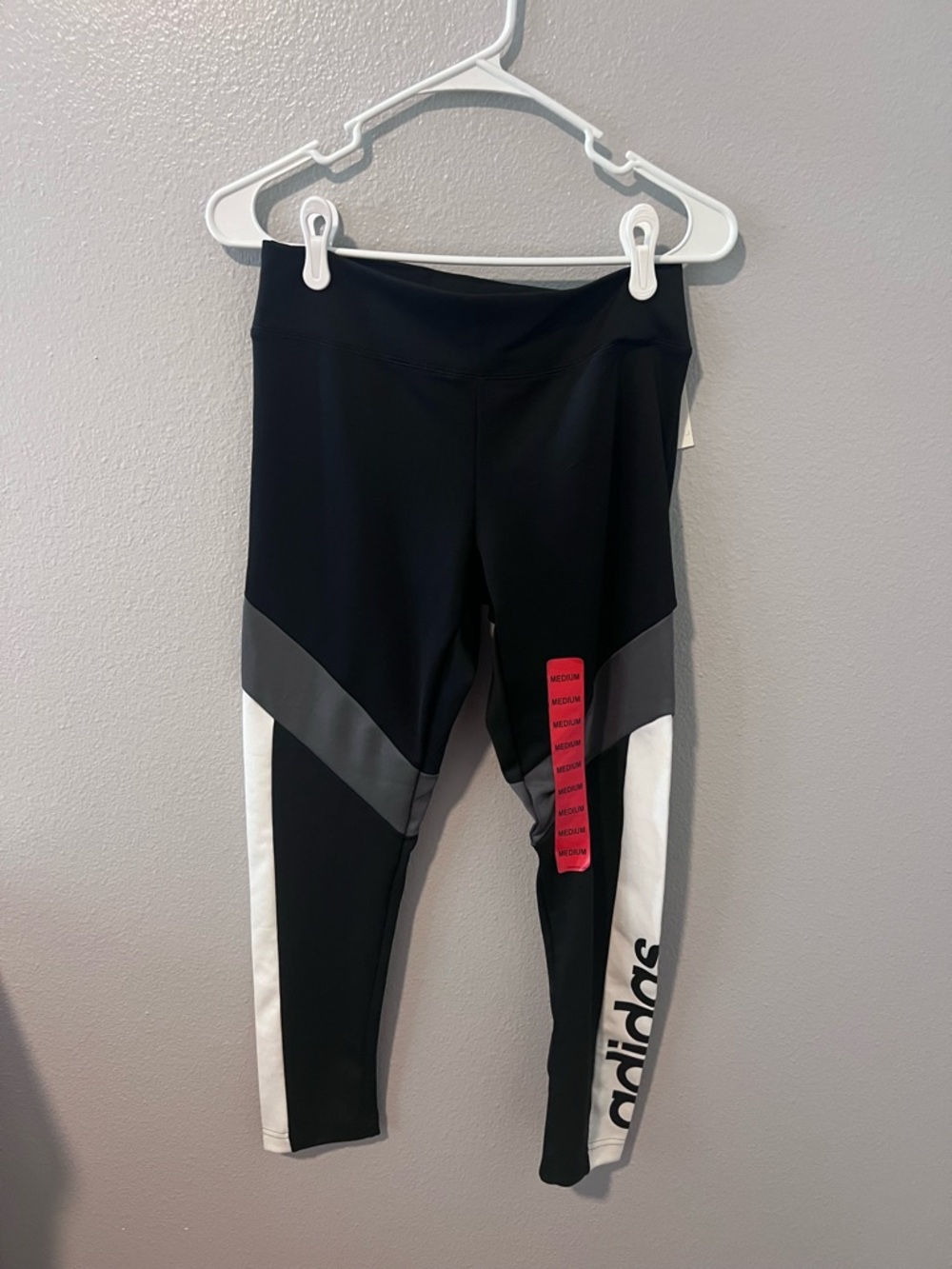 adidas Black Leggings with White & Gray Panels and Red Tag